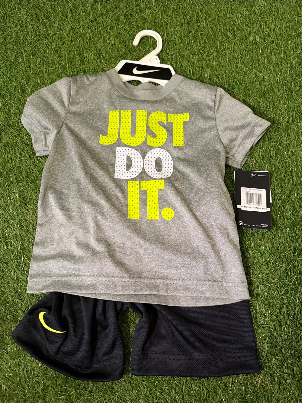New Nike Kids' Gray 'Just Do It.' Tee with Black Shorts